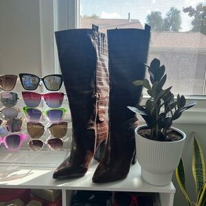 JustFab Wren Block Heeled Brown Extra-Wide Calf EWC Boots